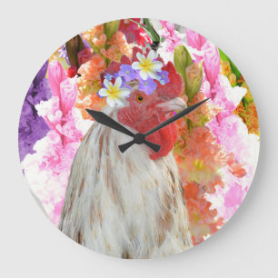 Rooster And Hollyhock Flowers, Large Clock