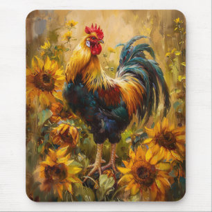 Rooster and Sunflowers Oil Painting Mouse Pad