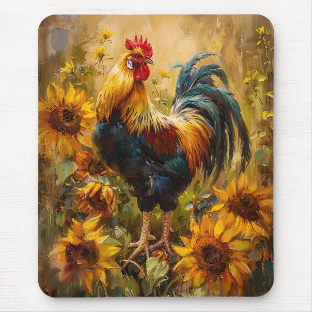 Rooster and Sunflowers Oil Painting Mouse Pad (Front)
