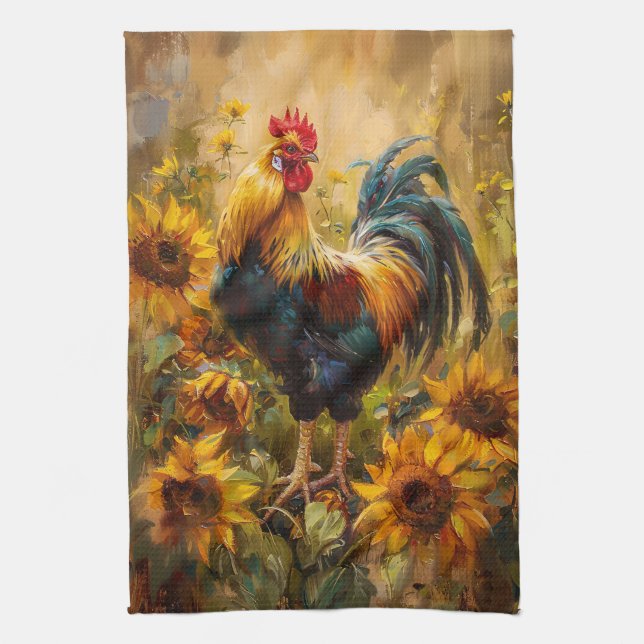 Rooster and Sunflowers Oil Painting Tea Towel (Vertical)