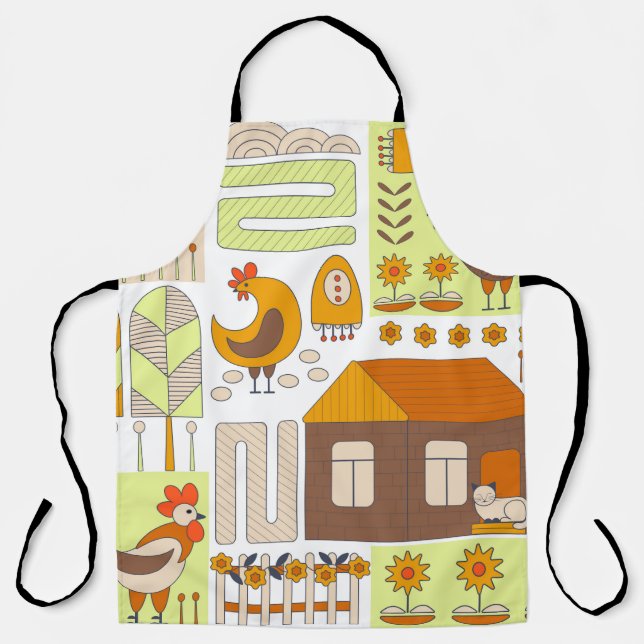 Rooster and two hens, eggs, flowers, house, drawin apron (Front)