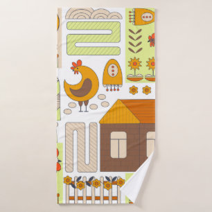 Rooster and two hens, eggs, flowers, house, drawin bath towel