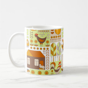 Rooster and two hens, eggs, flowers, house, drawin coffee mug
