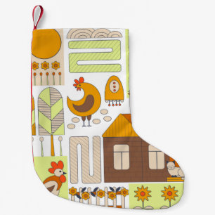 Rooster and two hens, eggs, flowers, house, drawin small christmas stocking