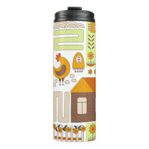 Rooster and two hens, eggs, flowers, house, drawin thermal tumbler