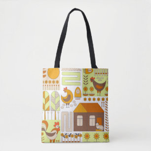 Rooster and two hens, eggs, flowers, house, drawin tote bag
