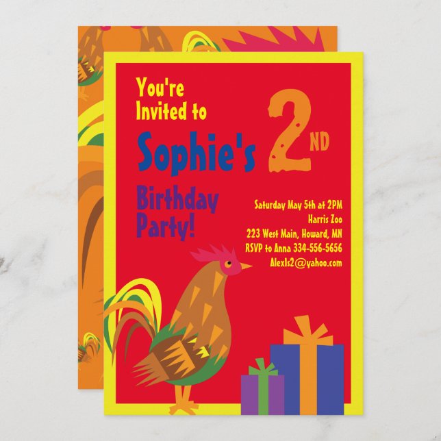 Rooster Animal Kid's Birthday Party Invitations (Front/Back)