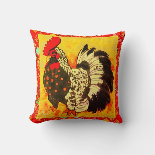 Rooster Art with Red Decorative Border Cushion (Front)