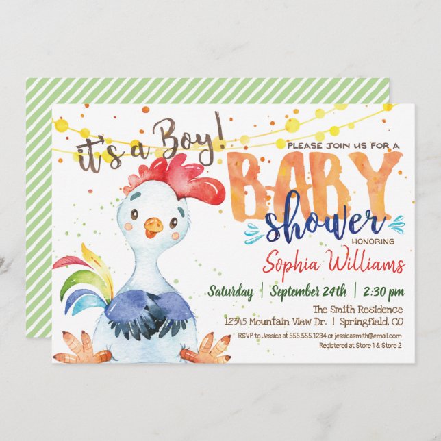 Rooster Baby Shower invitation, Boy, Farm Invitation (Front/Back)
