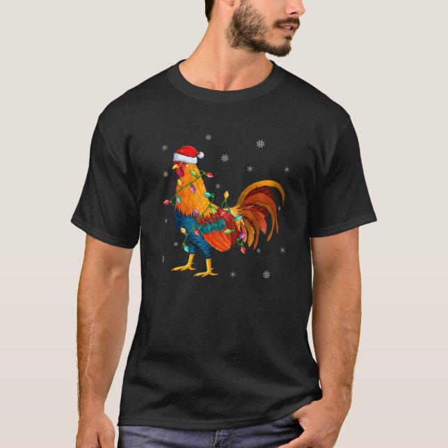 Rooster Bird Xmas Lighting Santa Hat Rooster Chris T-Shirt (Front)
