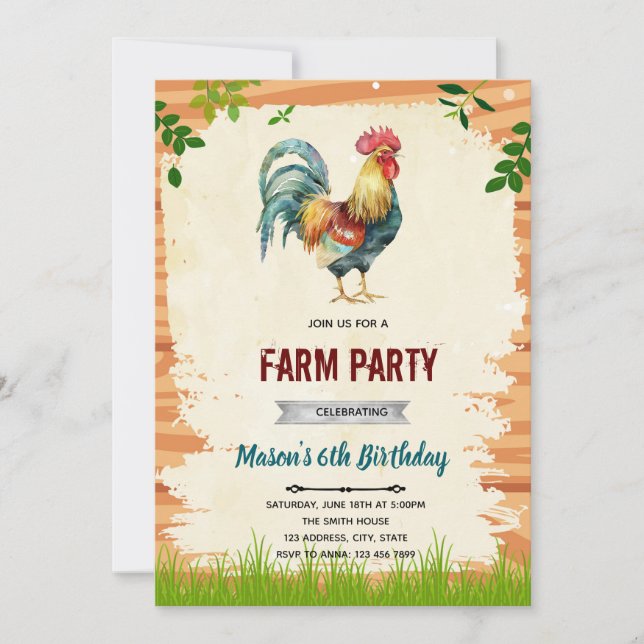 Rooster birthday party invitation (Front)