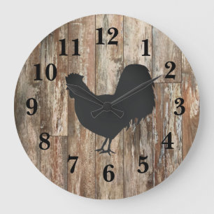 Rooster Black Silhouette Shiplap Rustic Decor  Large Clock