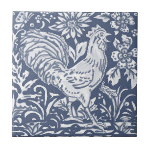 Rooster Blue White Botanical Delft Denim Ceramic T Tile