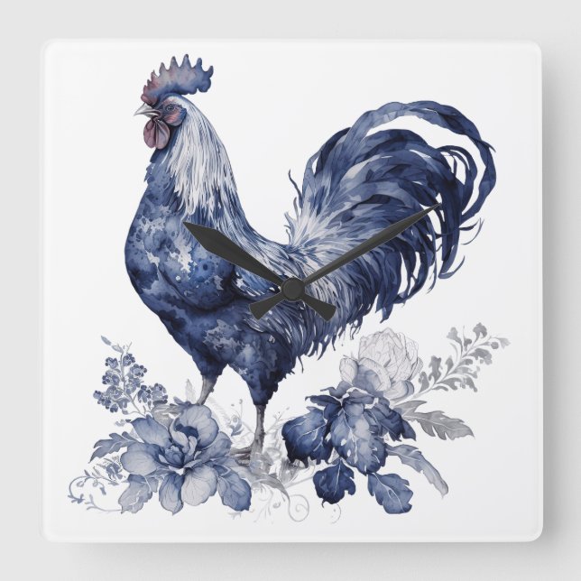 "Rooster" Blue Willow Style Square Wall Clock (Front)