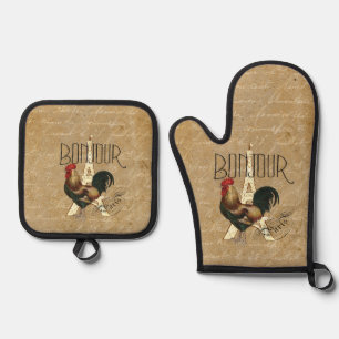 Rooster Bonjour Paris Vintage Ephemera Oven Mitt & Pot Holder Set