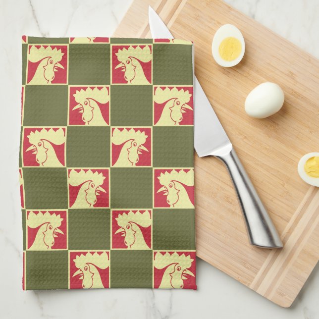Rooster Chequerboard Pattern Tea Towel (Quarter Fold)