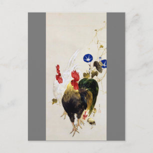 Rooster, Chick and Morning Glory, Watanabe Seitei Postcard