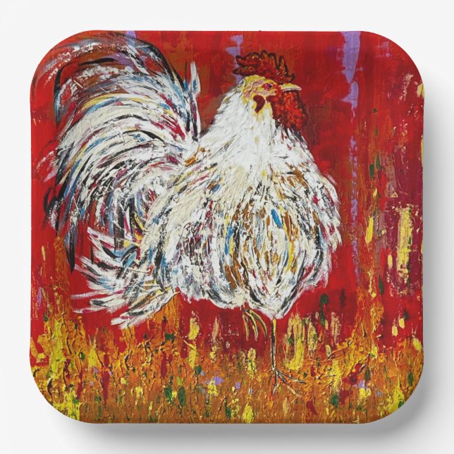 Rooster Chicken 9 inch square paper plates set (Front)