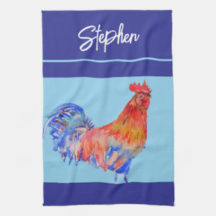 Rooster Chicken Watercolor Mens Navy Blue Tea Towel