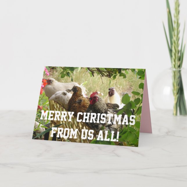 Rooster Chickens Merry Christmas from Us All Card (Front)