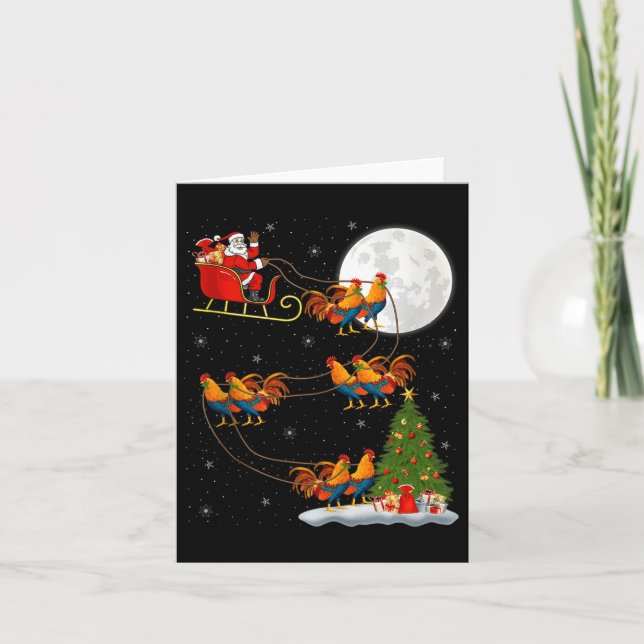 Rooster Chickens Santa Sleigh Flying Funny Magical Card (Front)