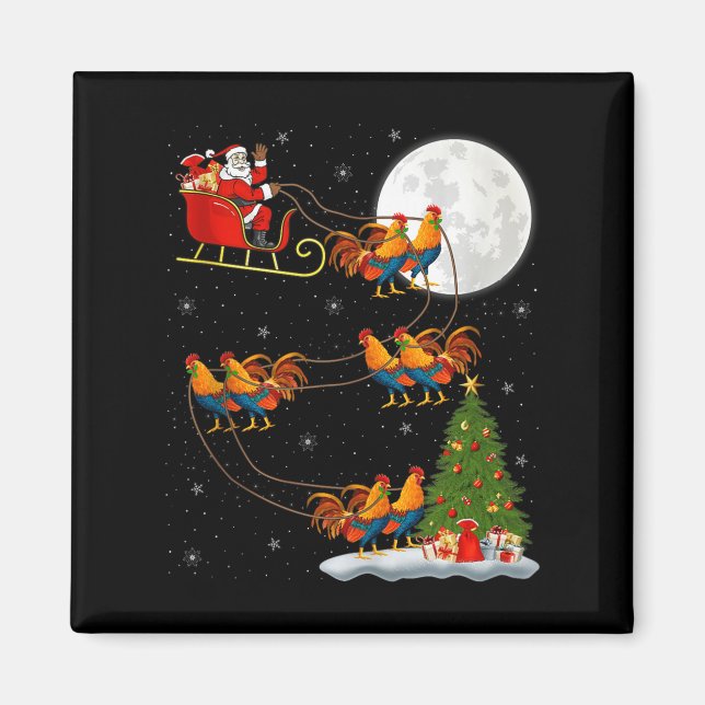 Rooster Chickens Santa Sleigh Flying Funny Magical Magnet (Front)