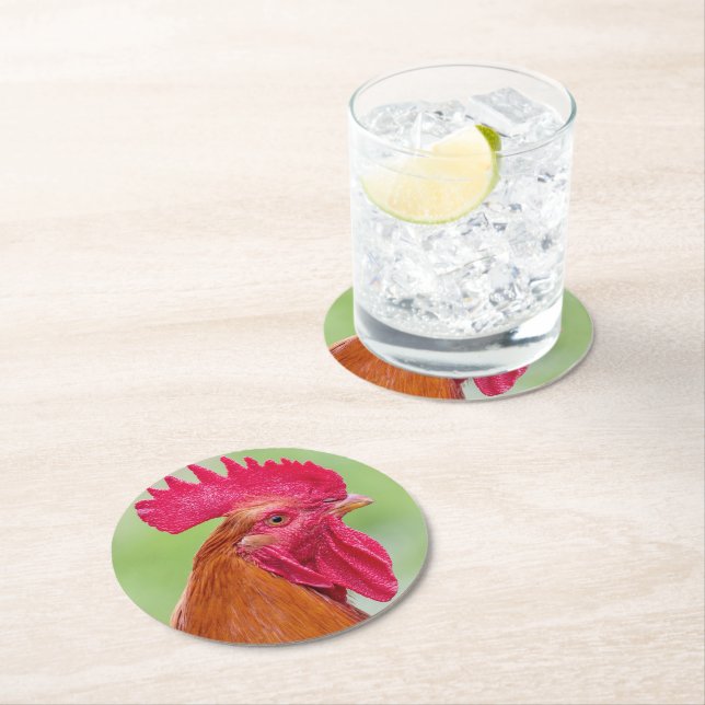 Rooster Close-Up Round Paper Coaster (Insitu)