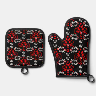 Rooster Cockerel Nordic Scandinavian Folk Art Oven Mitt & Pot Holder Set