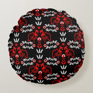 Rooster Cockerel Scandinavian Folk Art Round Cushion