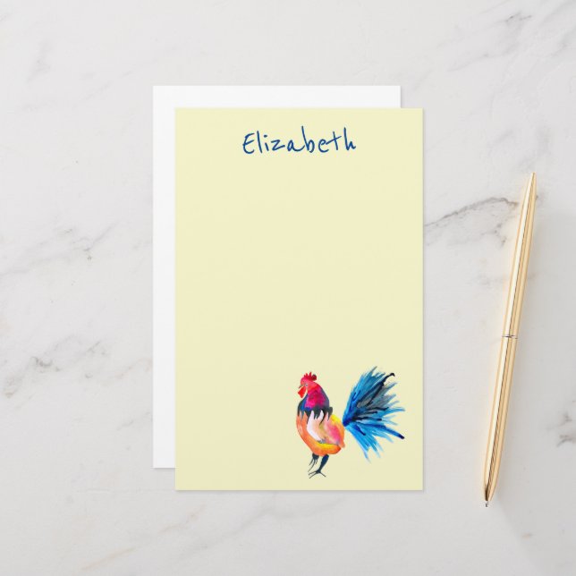 Rooster colourful watercolor illustration stationery (Front/Back In Situ)