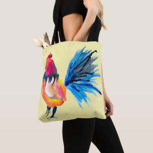 Rooster colourful watercolor illustration tote bag