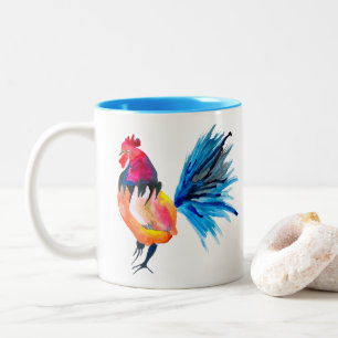 Rooster colourful watercolor illustration Two-Tone coffee mug
