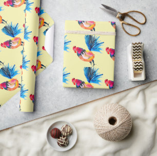 Rooster colourful watercolor illustration wrapping paper