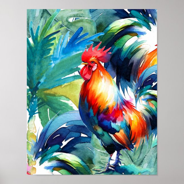 Rooster Colourful Watercolor Poster (Front)