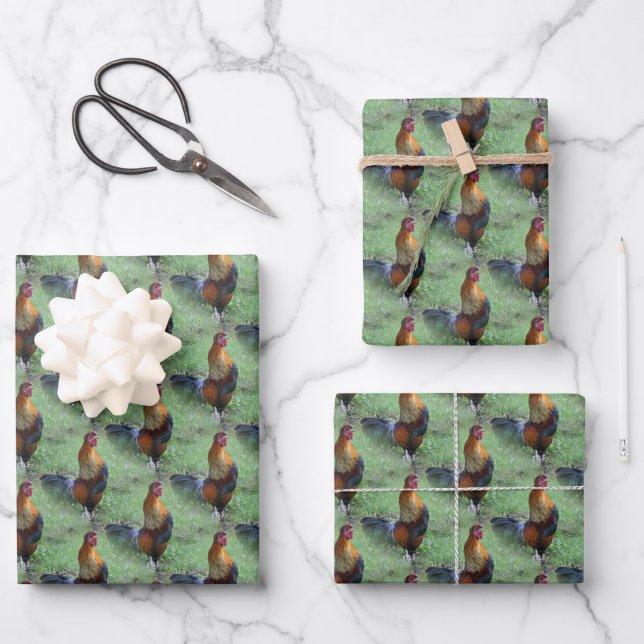 Rooster Crowing Animal Nature Pattern  Wrapping Paper Sheet (Front)