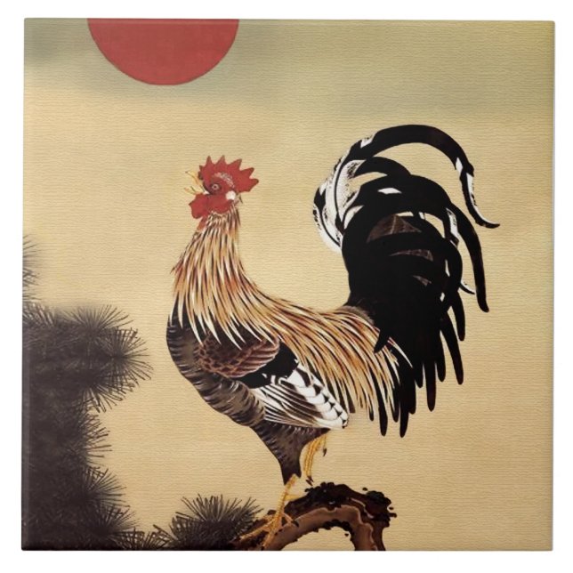 Rooster Crowing by Ito Jakuchu Ceramic Tile (Front)