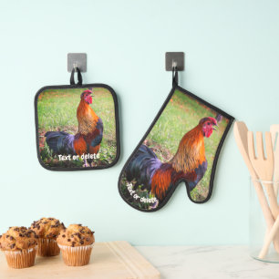 Rooster Crowing Farm Animal Personalised Oven Mitt & Pot Holder Set