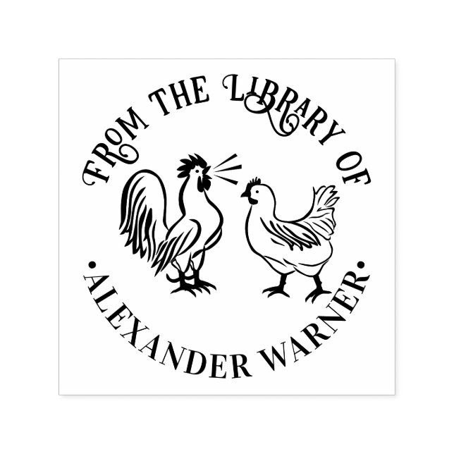 Rooster Crowing & Hen #4 Library Book Name Self-inking Stamp (Design)