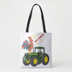 Rooster crowing on a green and yellow tractor tote bag