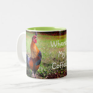 Rooster Crowing Where's My Coffee Funny Two-Tone Coffee Mug