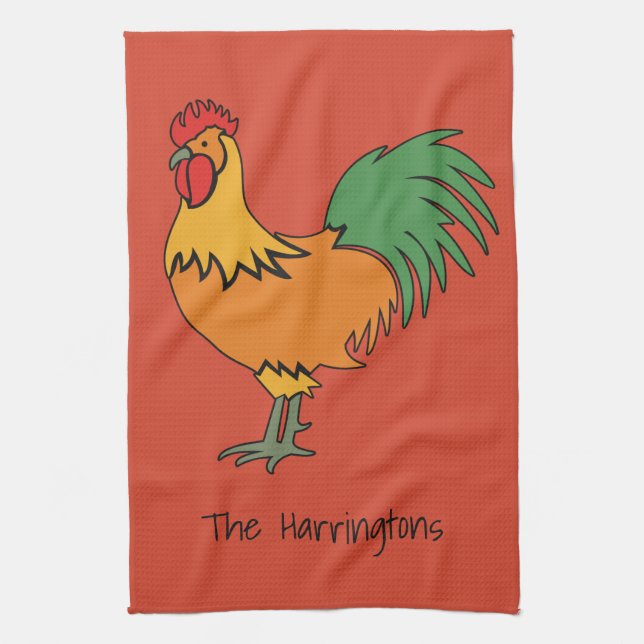 Rooster custom name & colour kitchen towel (Vertical)
