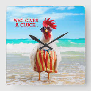 Rooster Dude Chillin' at Beach in Swim Trunks Square Wall Clock