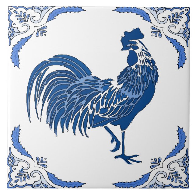 Rooster,  Dutch Delft Look Ceramic Tile (Front)