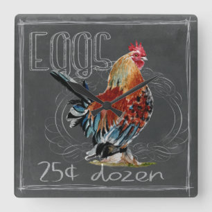 Rooster Eggs On Chalkboard Square Wall Clock