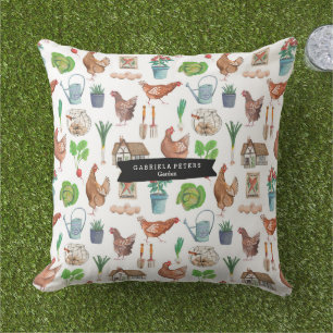 Rooster farm gardening pattern cushion
