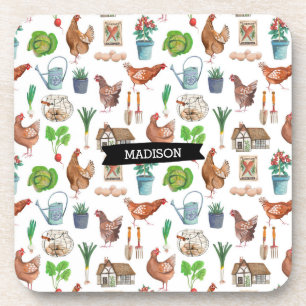 Rooster farm gardening pattern outdoor pillow coaster