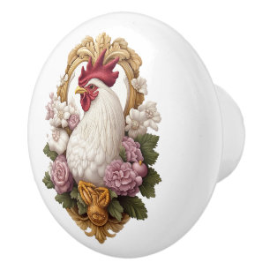 Rooster & Flowers Heraldic Crest Ceramic Knob
