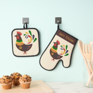 "Rooster" Folk Art Style Custom Oven Mitt & Pot Holder Set