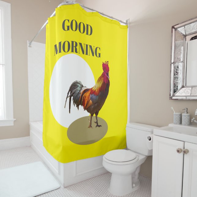 Rooster Fun Chicken Good Morning Yellow Shower Curtain (In Situ)
