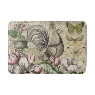 Rooster Garden Flower Butterfly Art Bath Mat